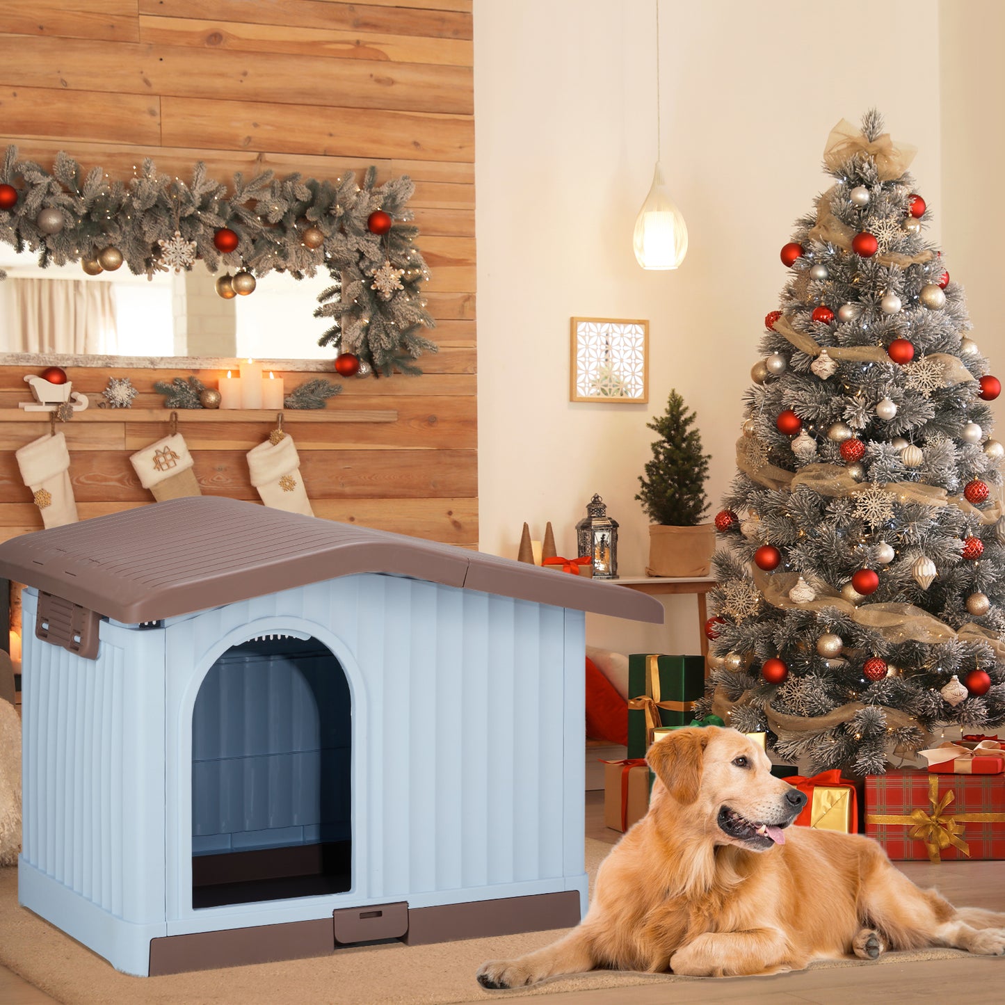 34 inch Large Plastic Dog House with Liftable Roof, Indoor Outdoor Doghouse Puppy Shelter with Detachable Base and Adjustable Bar Window, Brown & White