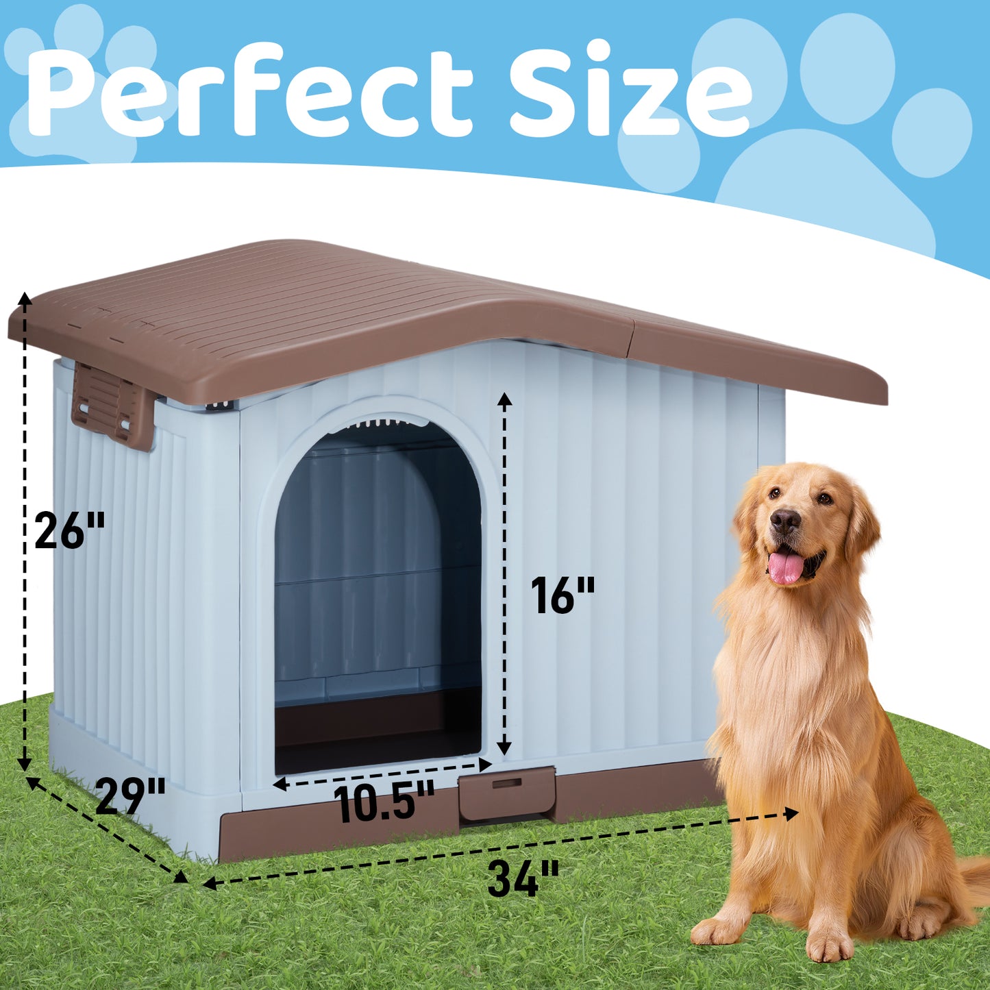 34 inch Large Plastic Dog House with Liftable Roof, Indoor Outdoor Doghouse Puppy Shelter with Detachable Base and Adjustable Bar Window, Brown & White