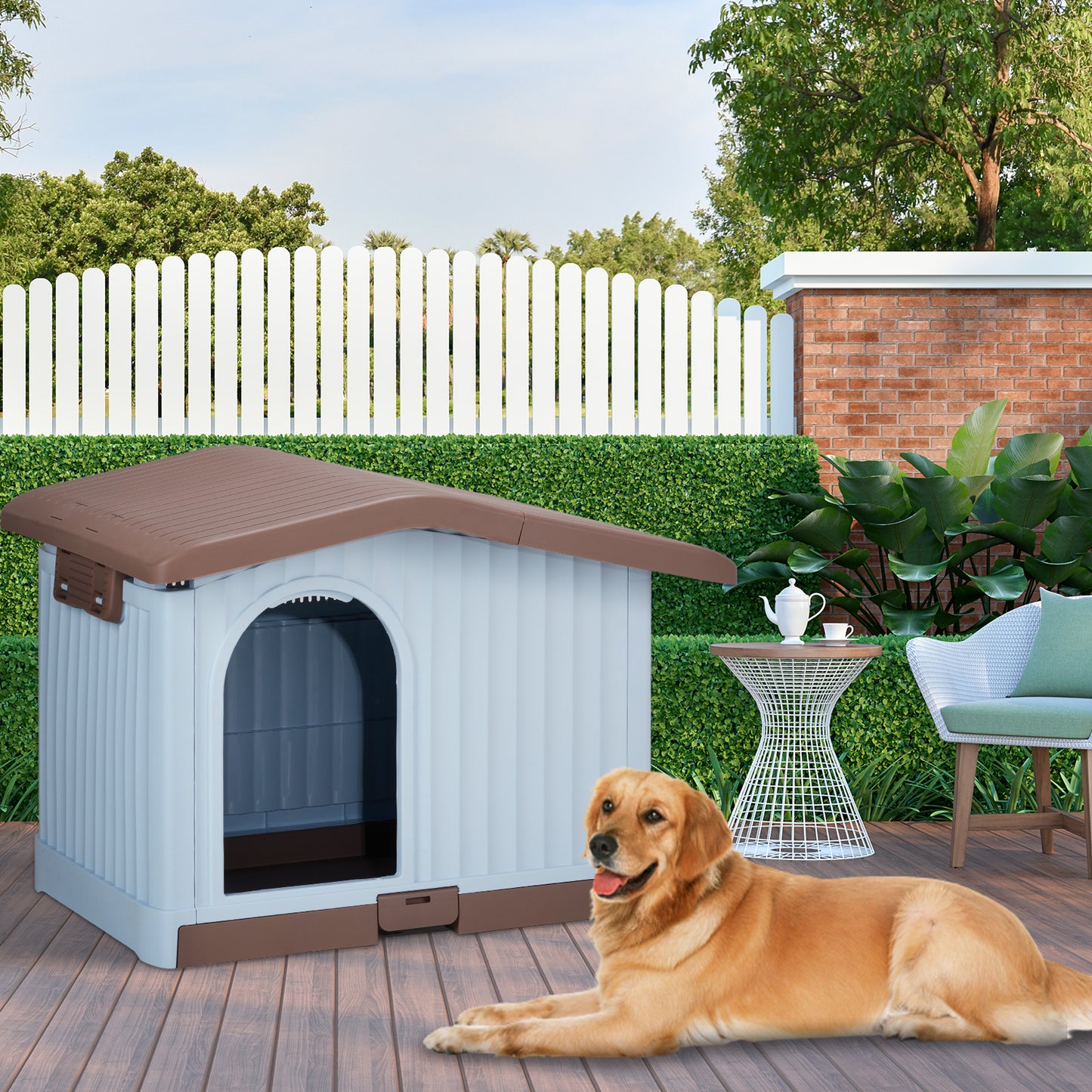34 inch Large Plastic Dog House with Liftable Roof, Indoor Outdoor Doghouse Puppy Shelter with Detachable Base and Adjustable Bar Window, Brown & White