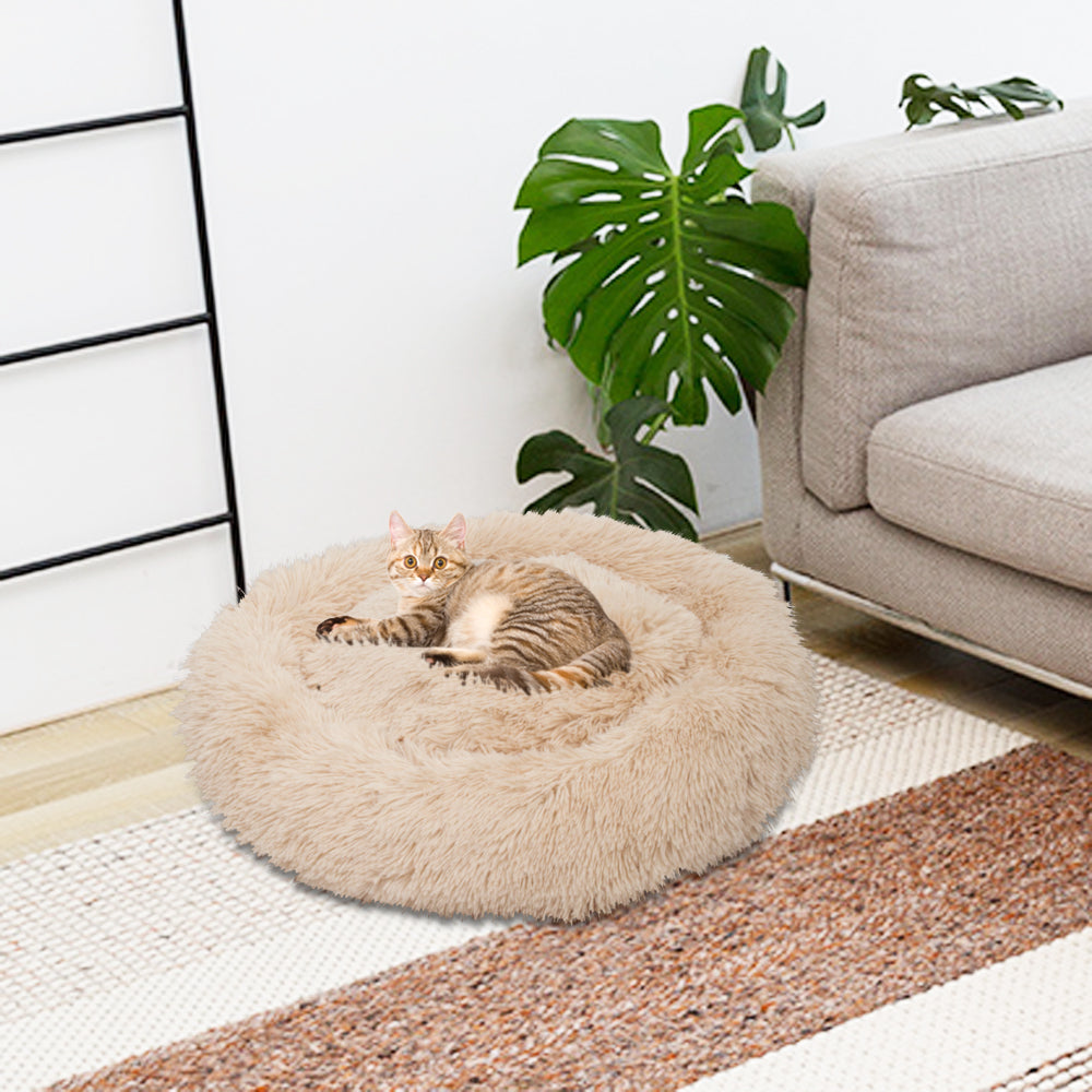 Pet Dog Cat Calming Bed Warm Soft Plush Round Light Yellow