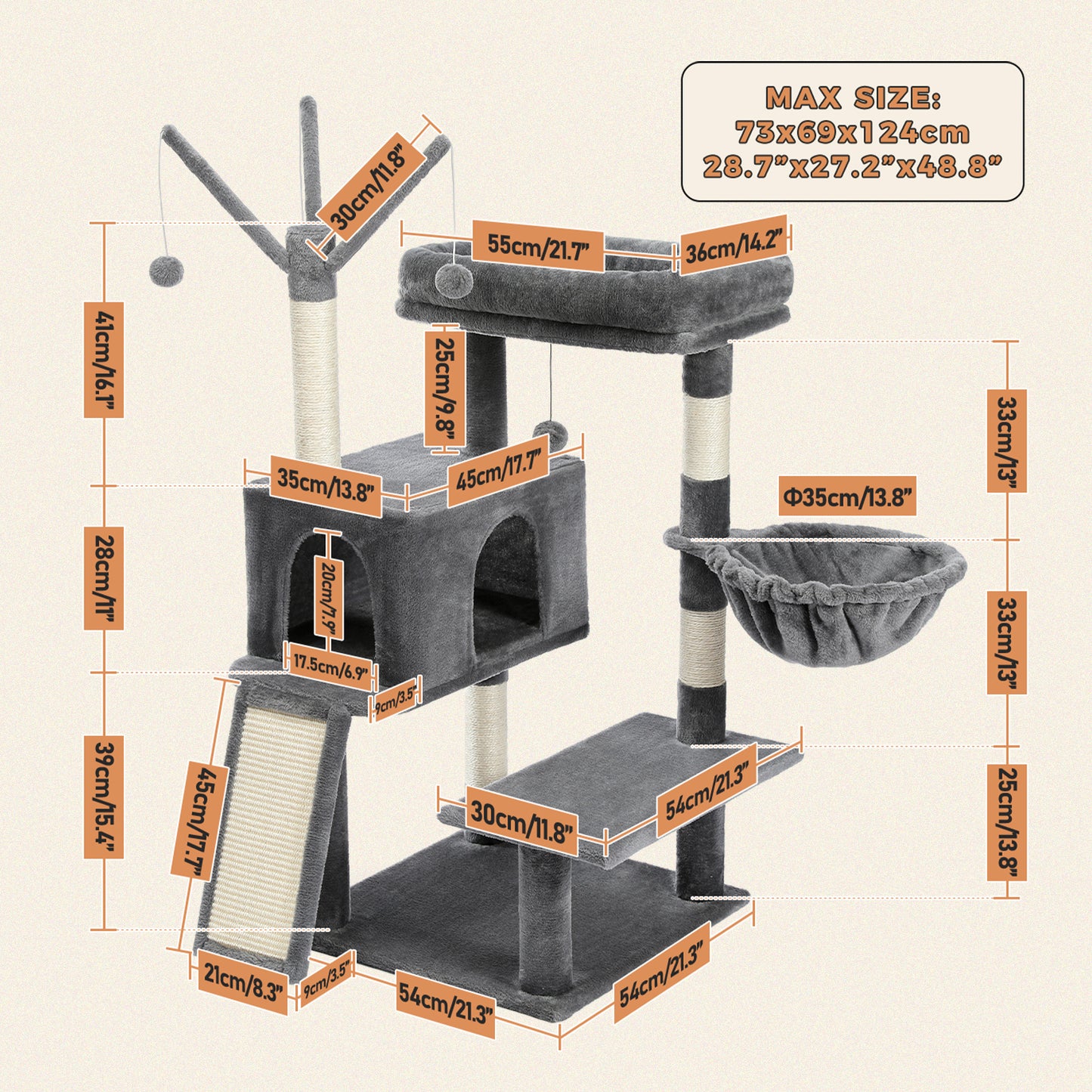 Modern Cat Tree Multi-Level Cat Tower for Large Cats with Spacious Condo, Cozy Hammock, Large Top Perch and Scratching Board for Big Cats
