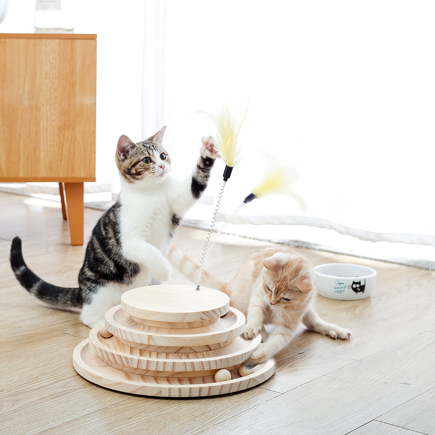 Interactive Cat Toy, Modern Cat Tracks, Cat Feather Teaser, Wooden Self-Amusement Pet Toy, Circuit Ball Toy with 3 Levels for Small to Adult Cats Beige