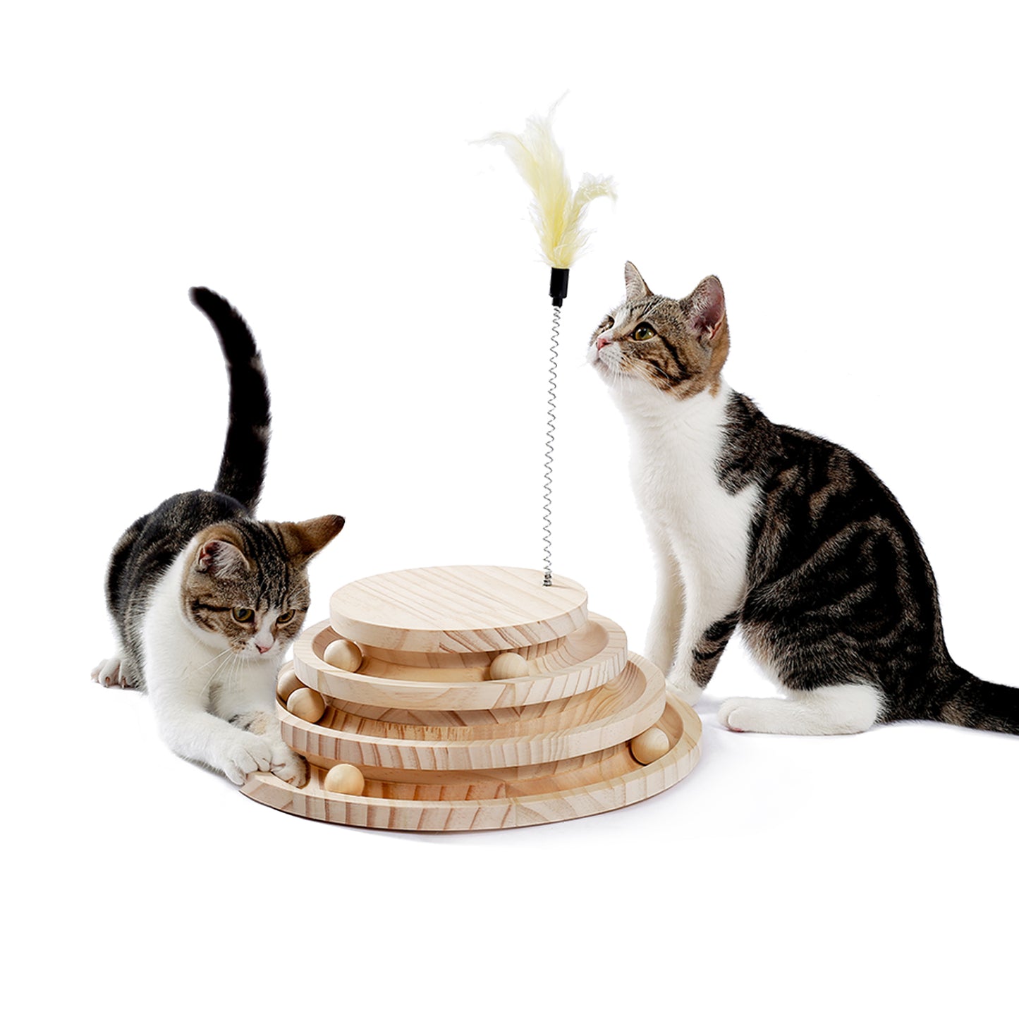 Interactive Cat Toy, Modern Cat Tracks, Cat Feather Teaser, Wooden Self-Amusement Pet Toy, Circuit Ball Toy with 3 Levels for Small to Adult Cats Beige