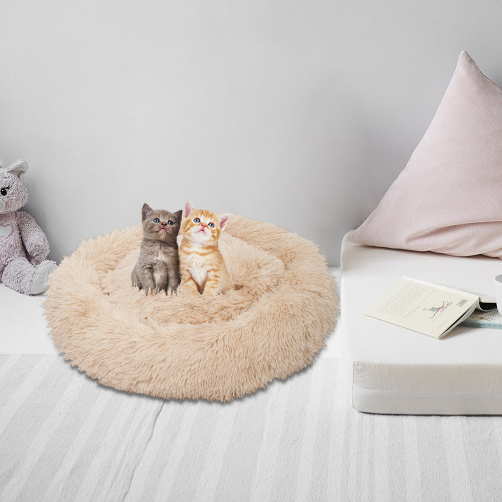 Pet Dog Cat Calming Bed Warm Soft Plush Round Light Yellow