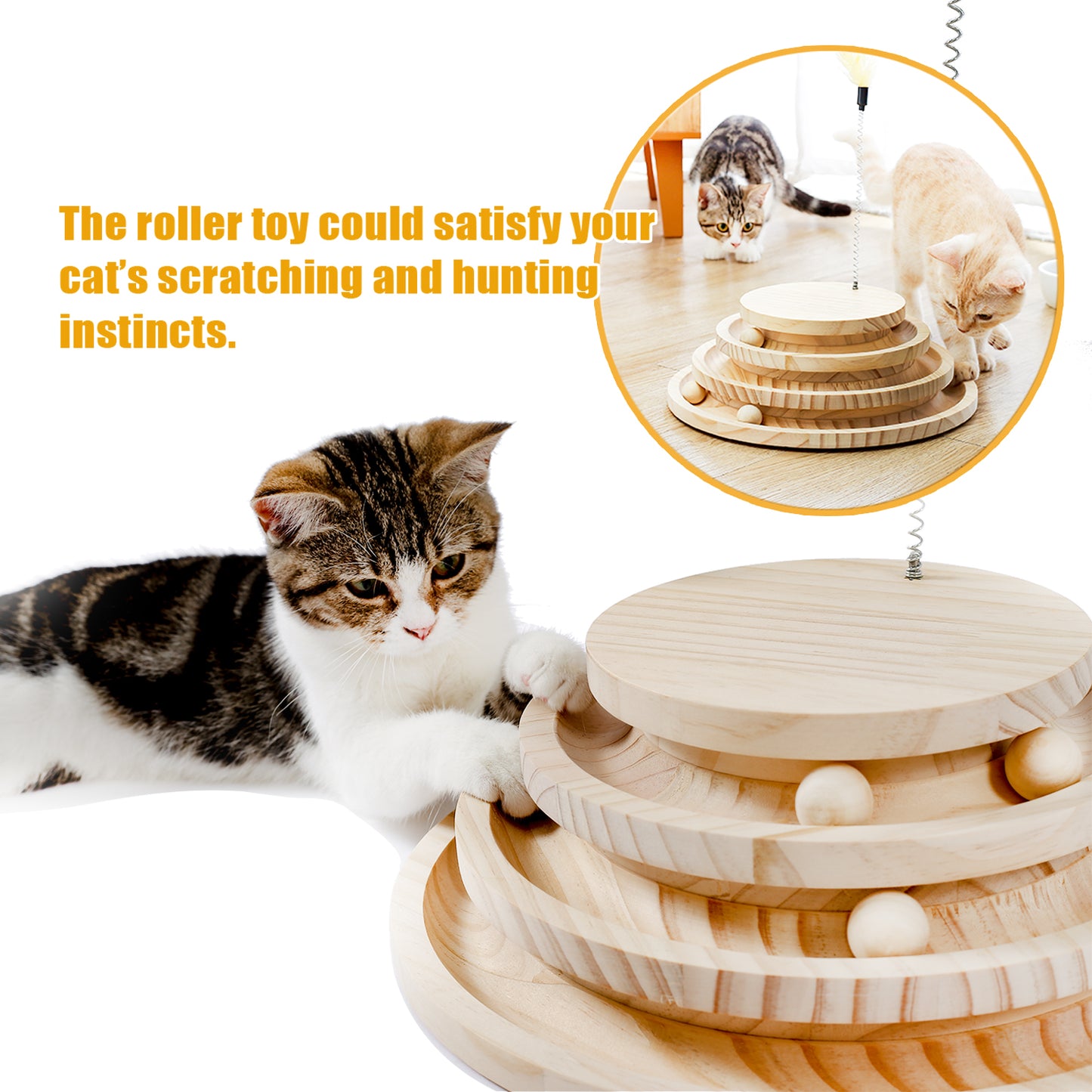Interactive Cat Toy, Modern Cat Tracks, Cat Feather Teaser, Wooden Self-Amusement Pet Toy, Circuit Ball Toy with 3 Levels for Small to Adult Cats Beige