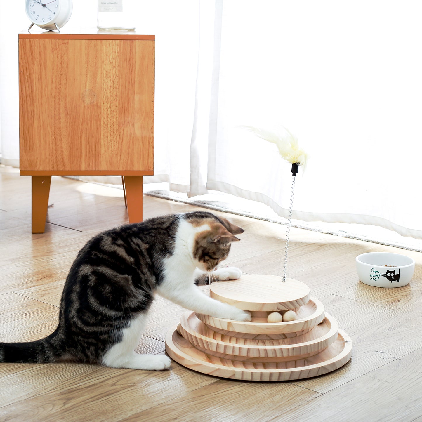Interactive Cat Toy, Modern Cat Tracks, Cat Feather Teaser, Wooden Self-Amusement Pet Toy, Circuit Ball Toy with 3 Levels for Small to Adult Cats Beige