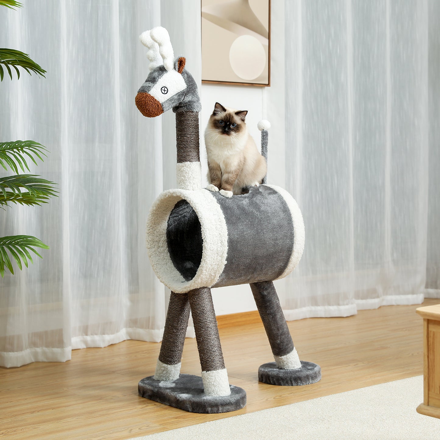 Modern Cat Tree Cat Tower with Large Tunnel and Scratching Post Animal Shaped Elk Cat Play House for Indoor Cats