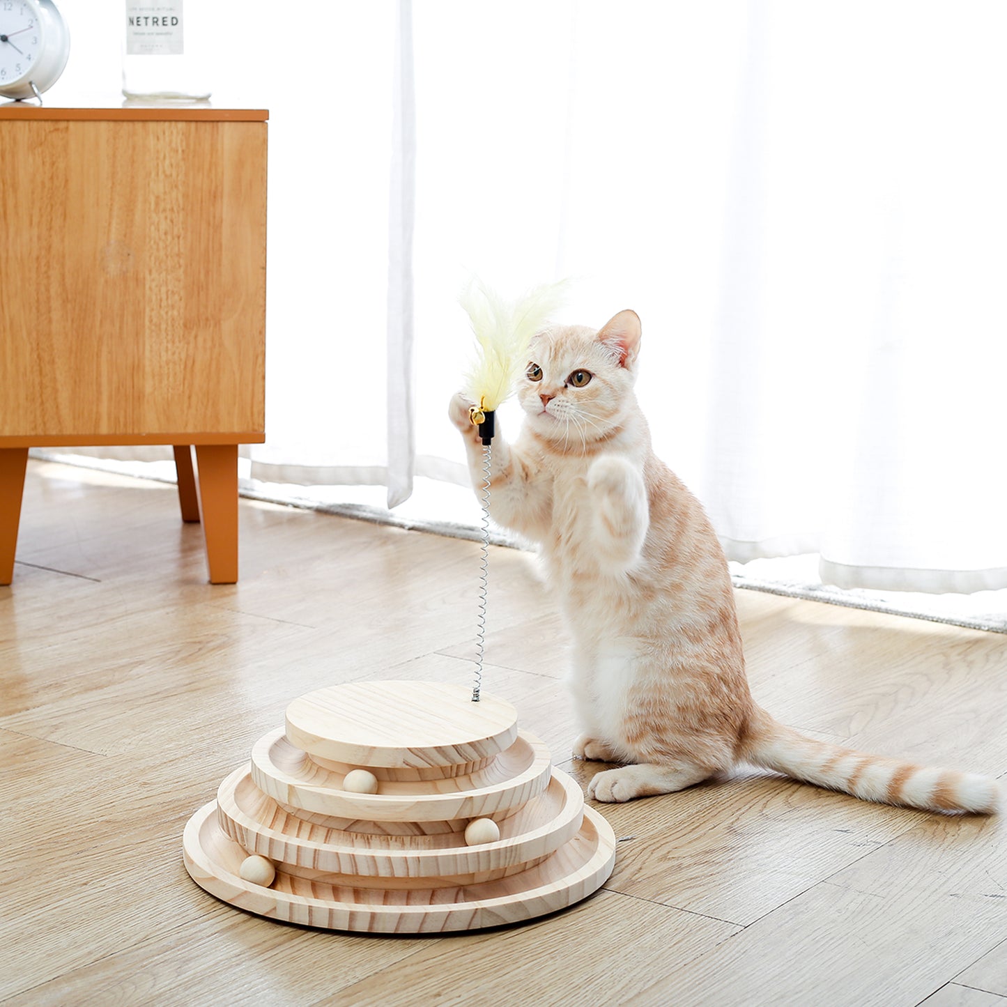 Interactive Cat Toy, Modern Cat Tracks, Cat Feather Teaser, Wooden Self-Amusement Pet Toy, Circuit Ball Toy with 3 Levels for Small to Adult Cats Beige