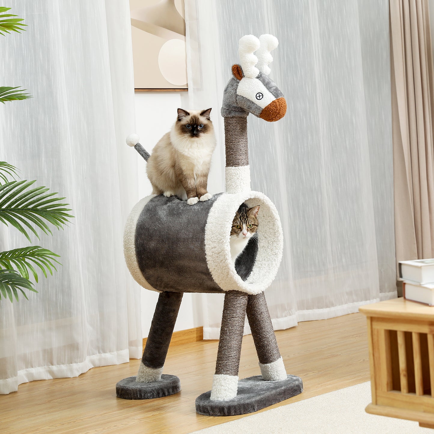 Modern Cat Tree Cat Tower with Large Tunnel and Scratching Post Animal Shaped Elk Cat Play House for Indoor Cats