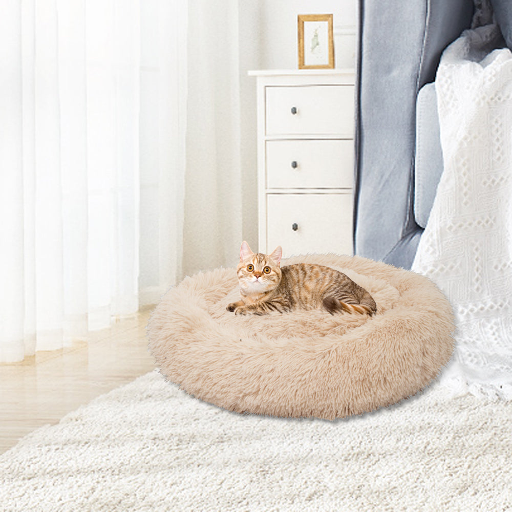 Pet Dog Cat Calming Bed Warm Soft Plush Round Light Yellow