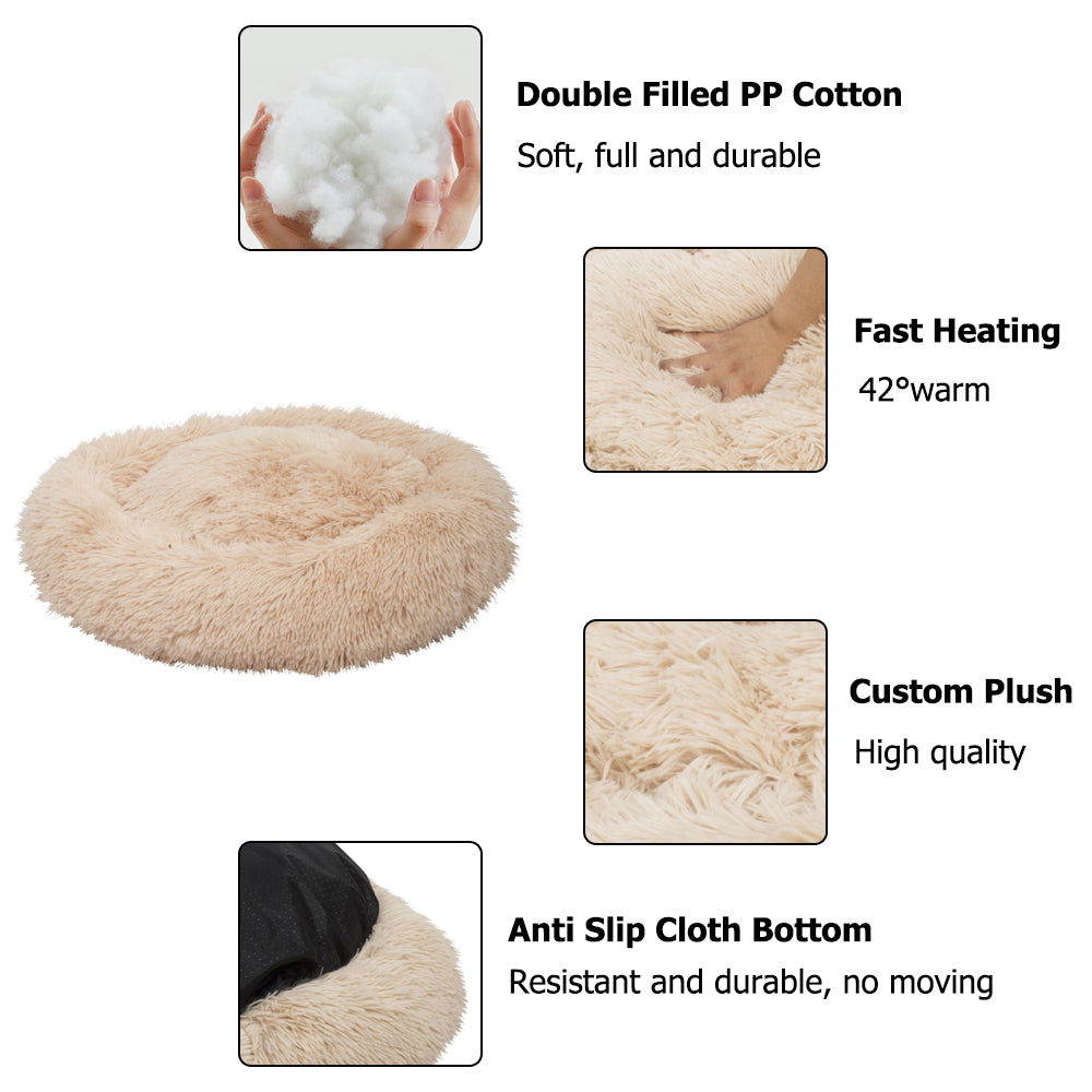 Pet Dog Cat Calming Bed Warm Soft Plush Round Light Yellow