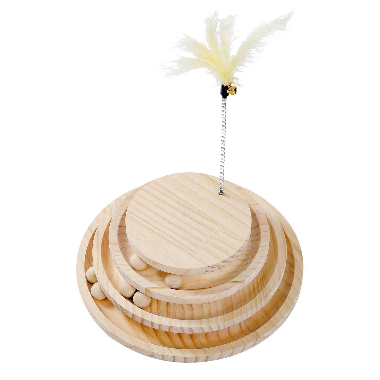 Interactive Cat Toy, Modern Cat Tracks, Cat Feather Teaser, Wooden Self-Amusement Pet Toy, Circuit Ball Toy with 3 Levels for Small to Adult Cats Beige