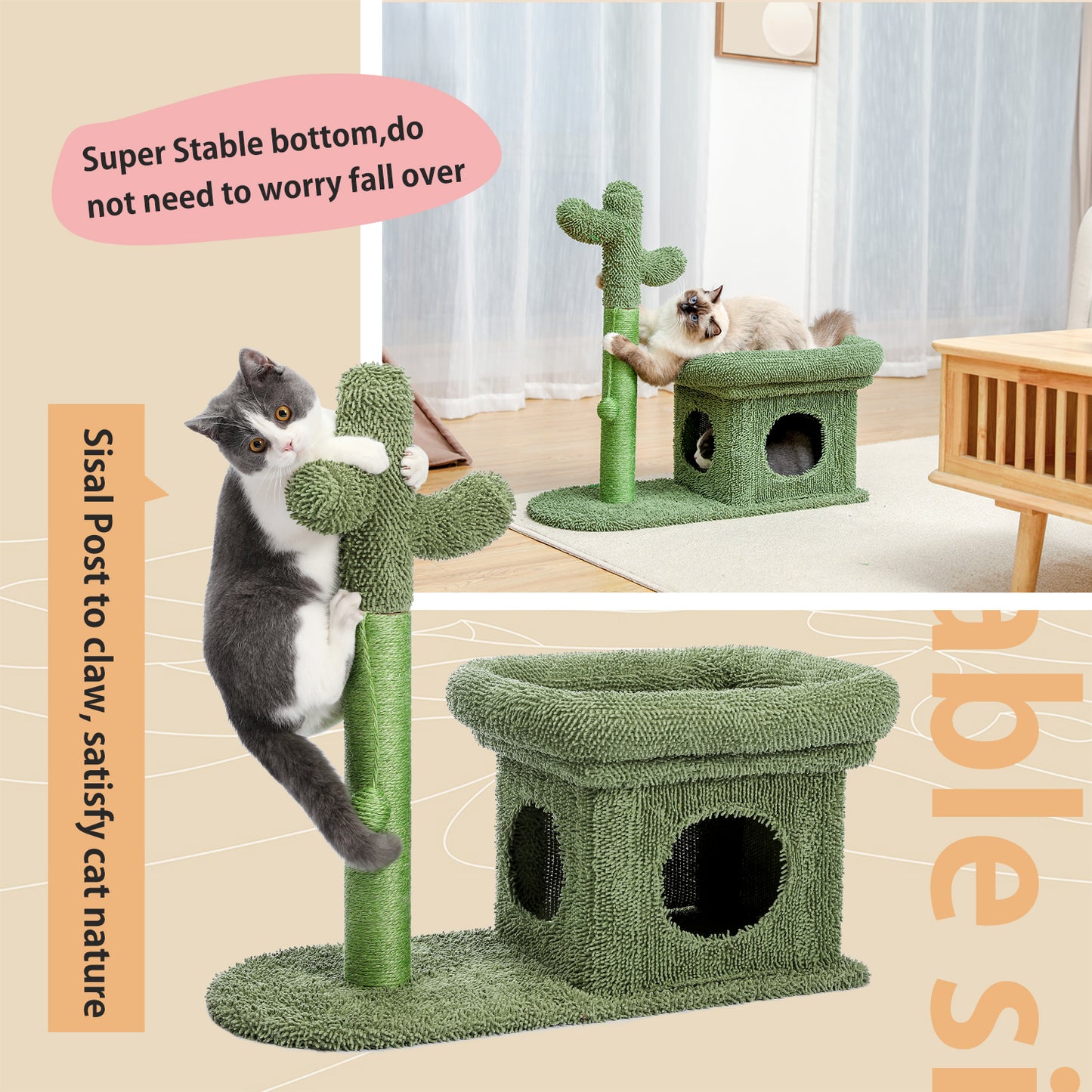 2 IN 1 Cactus Cat Tree Cat Tower With Sisal Covered Scratching Post Cozy Condo Plush Perch Dangling Ball for Indoor Cats