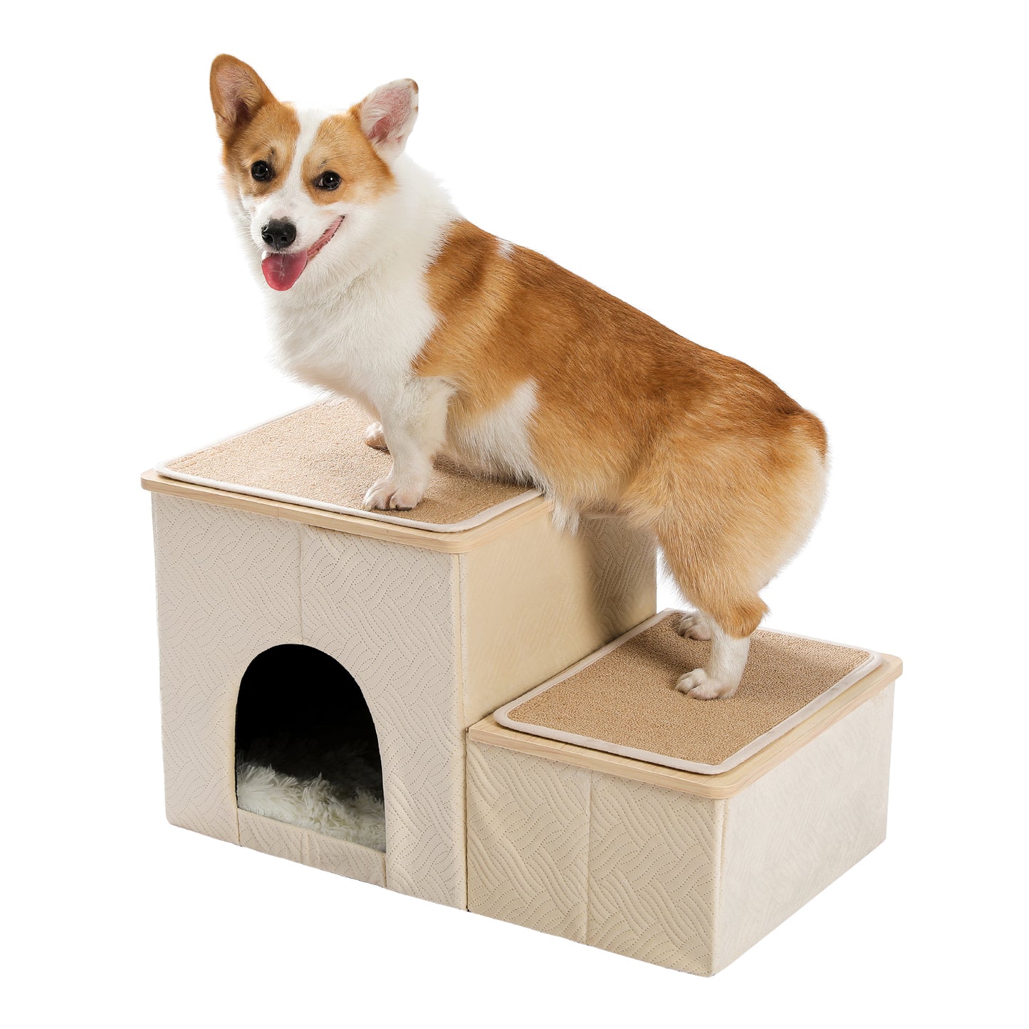 Foldable Pet stairs 2 steps for dogs puppies, Multi-functional Dog stairs for bed or car with kennel & storage box, Useful 2 steps ladder ramp for cats dogs Beige