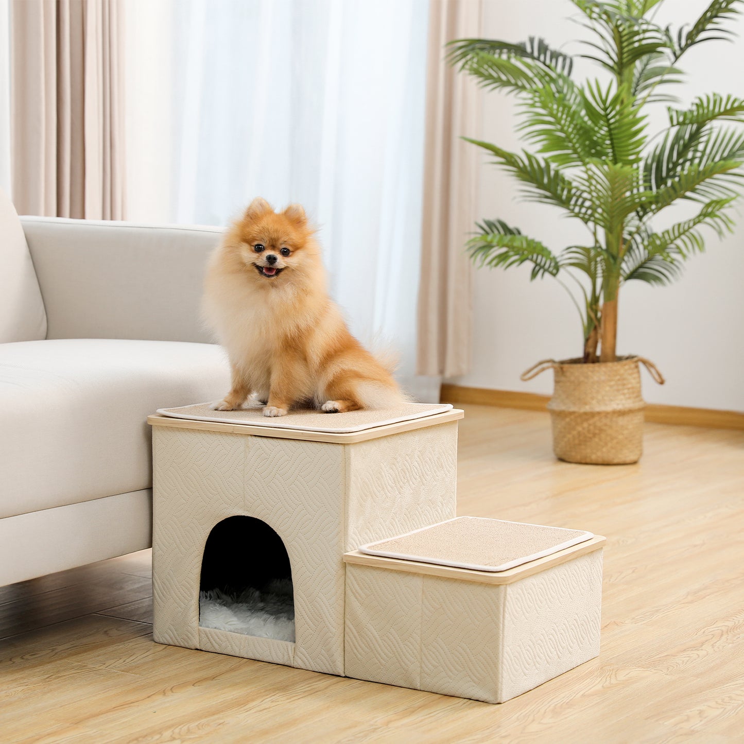 Foldable Pet stairs 2 steps for dogs puppies, Multi-functional Dog stairs for bed or car with kennel & storage box, Useful 2 steps ladder ramp for cats dogs Beige