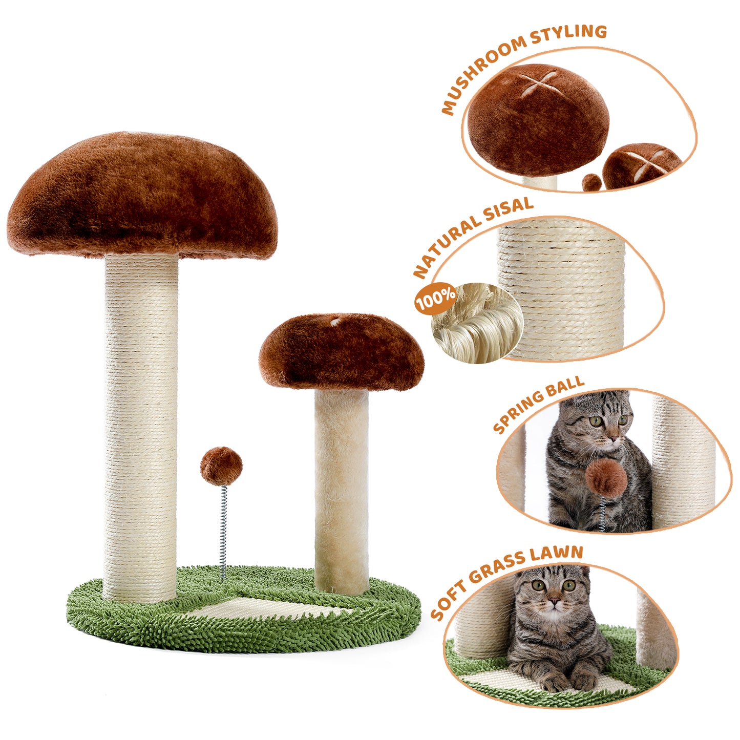 Cat Scratching Post Mushroom Claw Scratcher with Natural Sisal Rope Interactive Spring Ball for Kittens and Small Cats