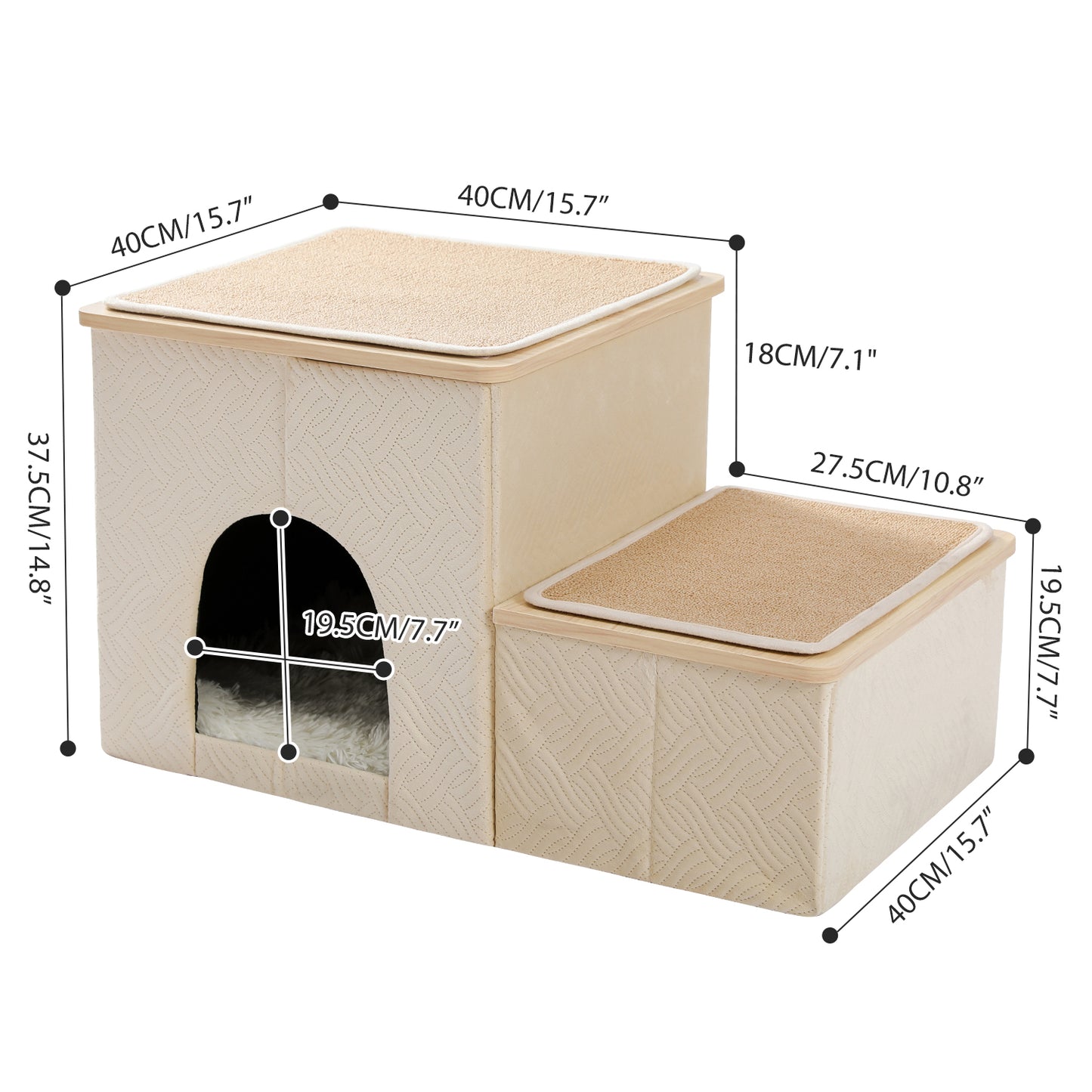 Foldable Pet stairs 2 steps for dogs puppies, Multi-functional Dog stairs for bed or car with kennel & storage box, Useful 2 steps ladder ramp for cats dogs Beige