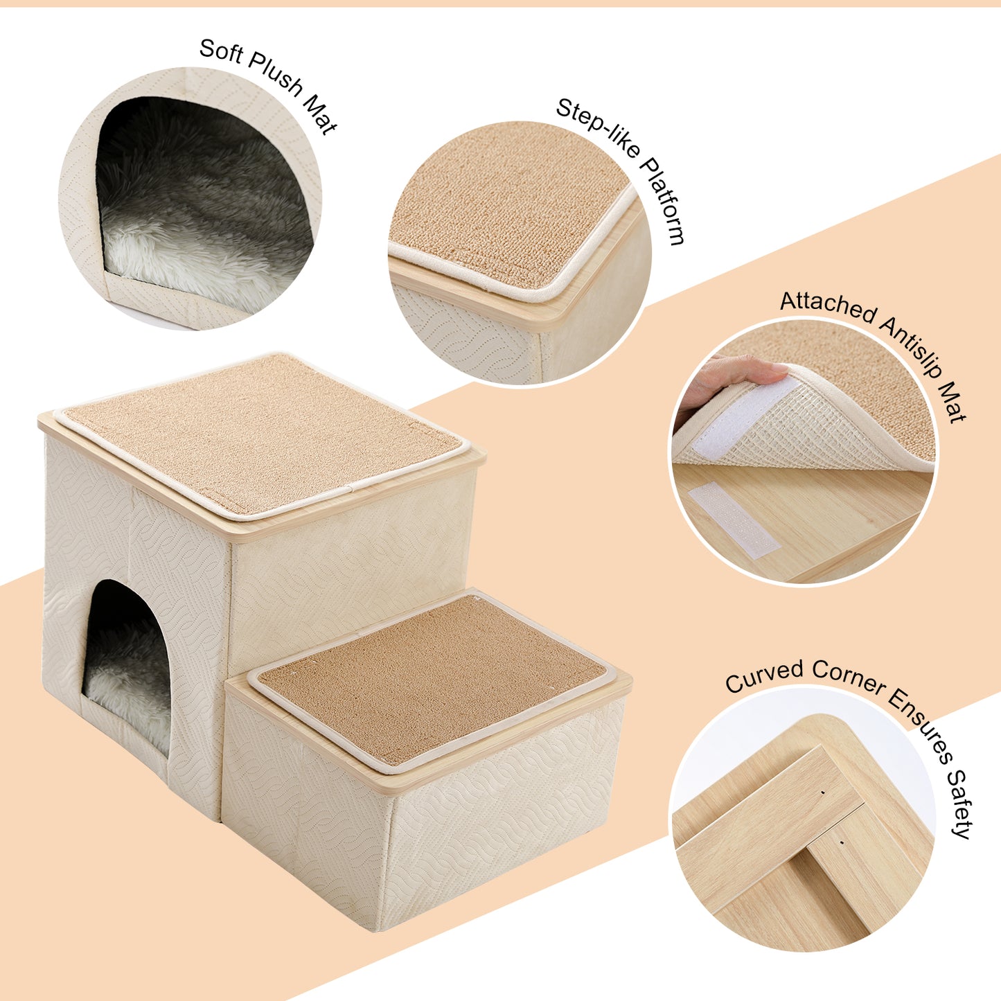 Foldable Pet stairs 2 steps for dogs puppies, Multi-functional Dog stairs for bed or car with kennel & storage box, Useful 2 steps ladder ramp for cats dogs Beige