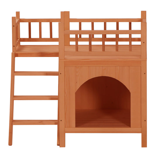 Pet Wooden Cat House Living House Kennel with Balcony Orange Red