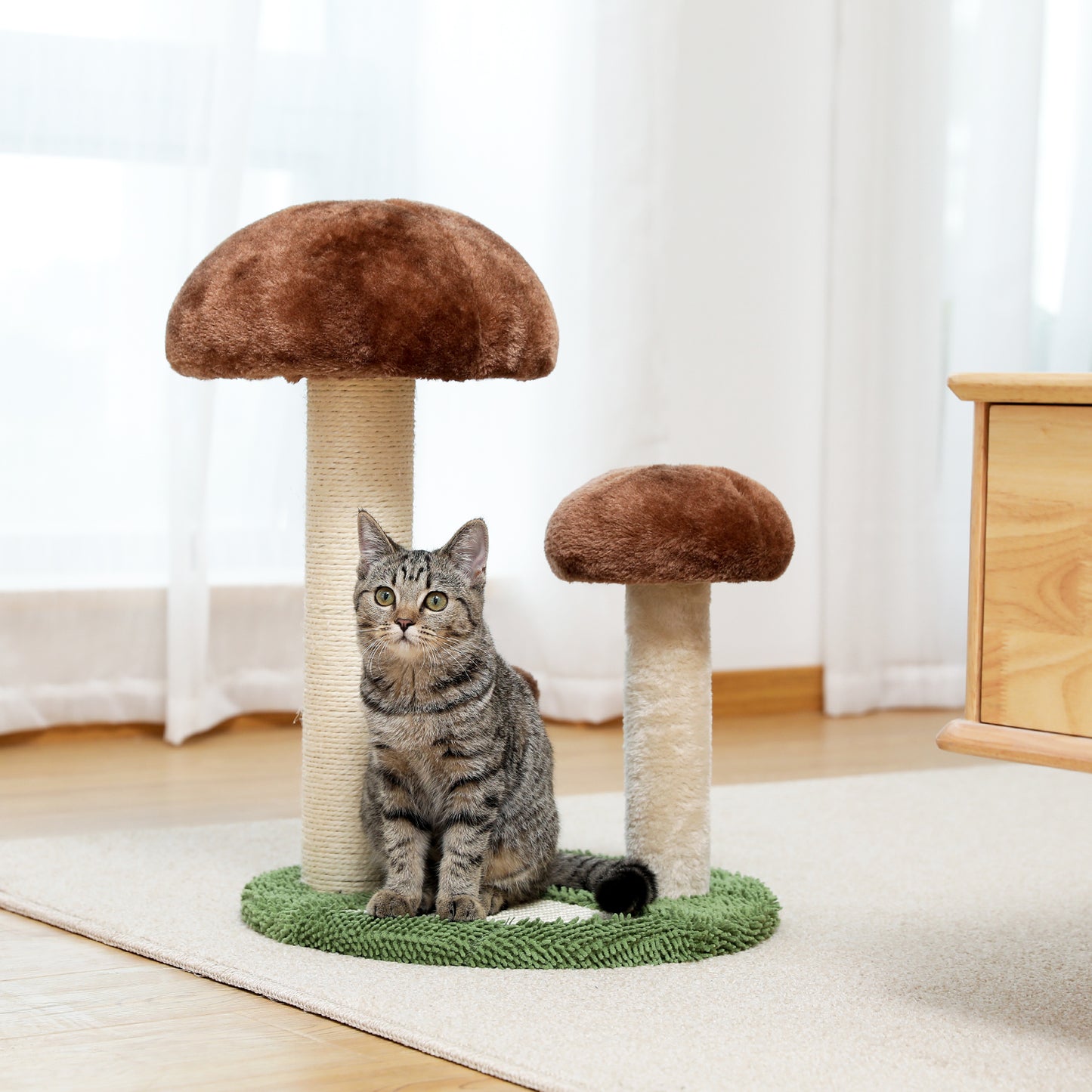 Cat Scratching Post Mushroom Claw Scratcher with Natural Sisal Rope Interactive Spring Ball for Kittens and Small Cats