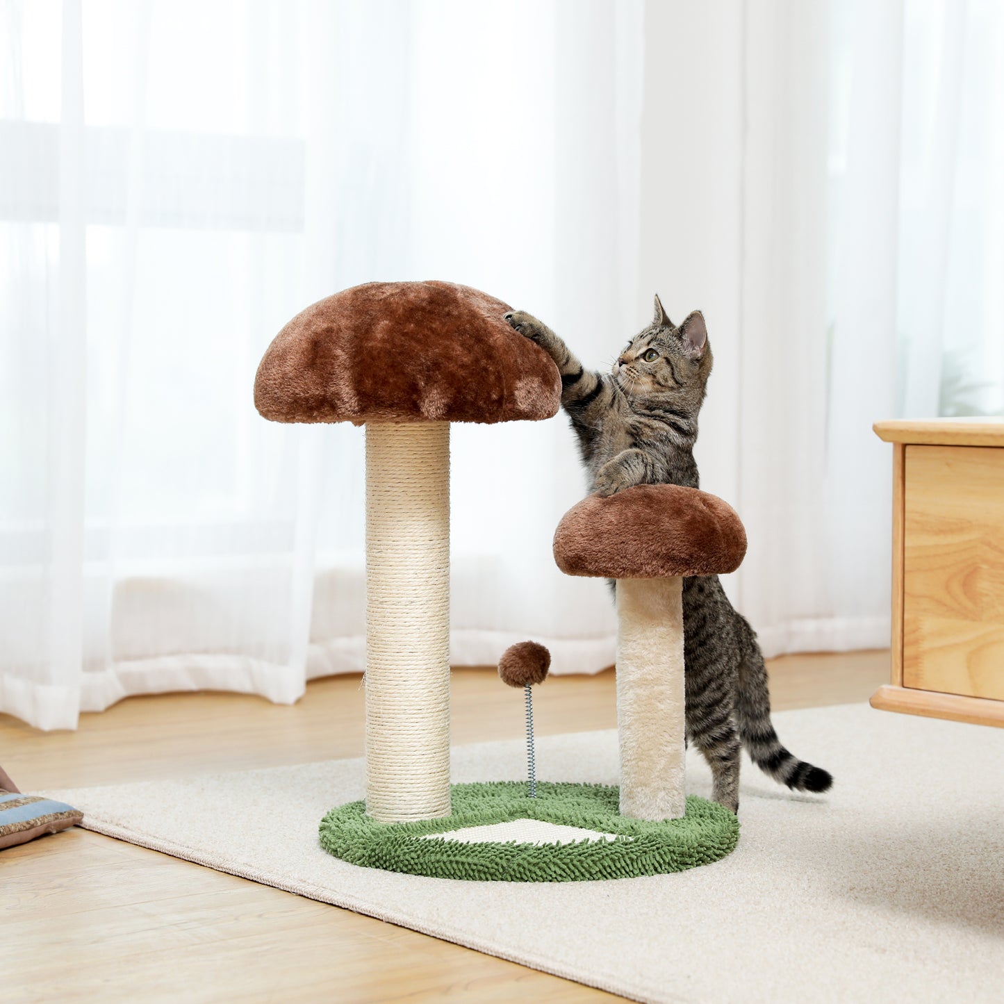 Cat Scratching Post Mushroom Claw Scratcher with Natural Sisal Rope Interactive Spring Ball for Kittens and Small Cats