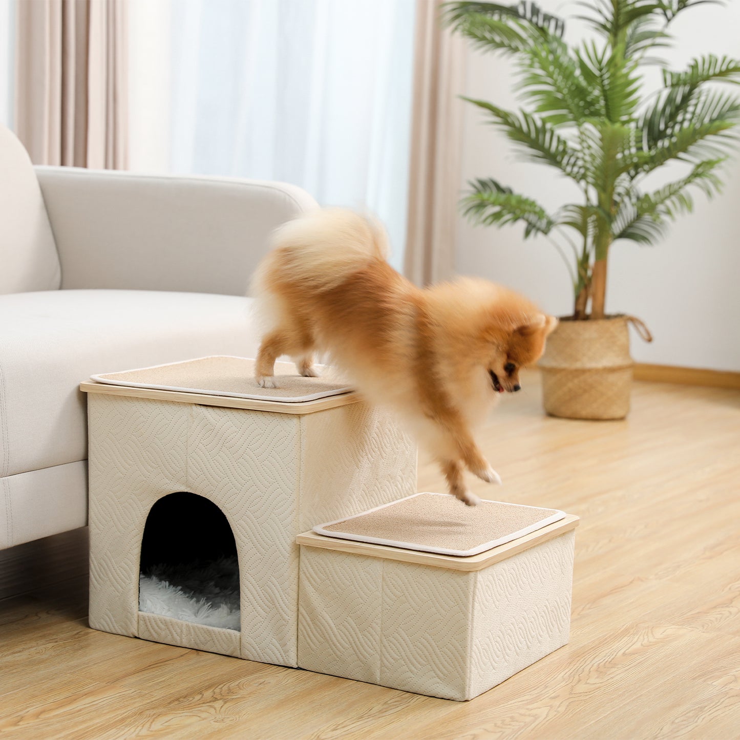 Foldable Pet stairs 2 steps for dogs puppies, Multi-functional Dog stairs for bed or car with kennel & storage box, Useful 2 steps ladder ramp for cats dogs Beige