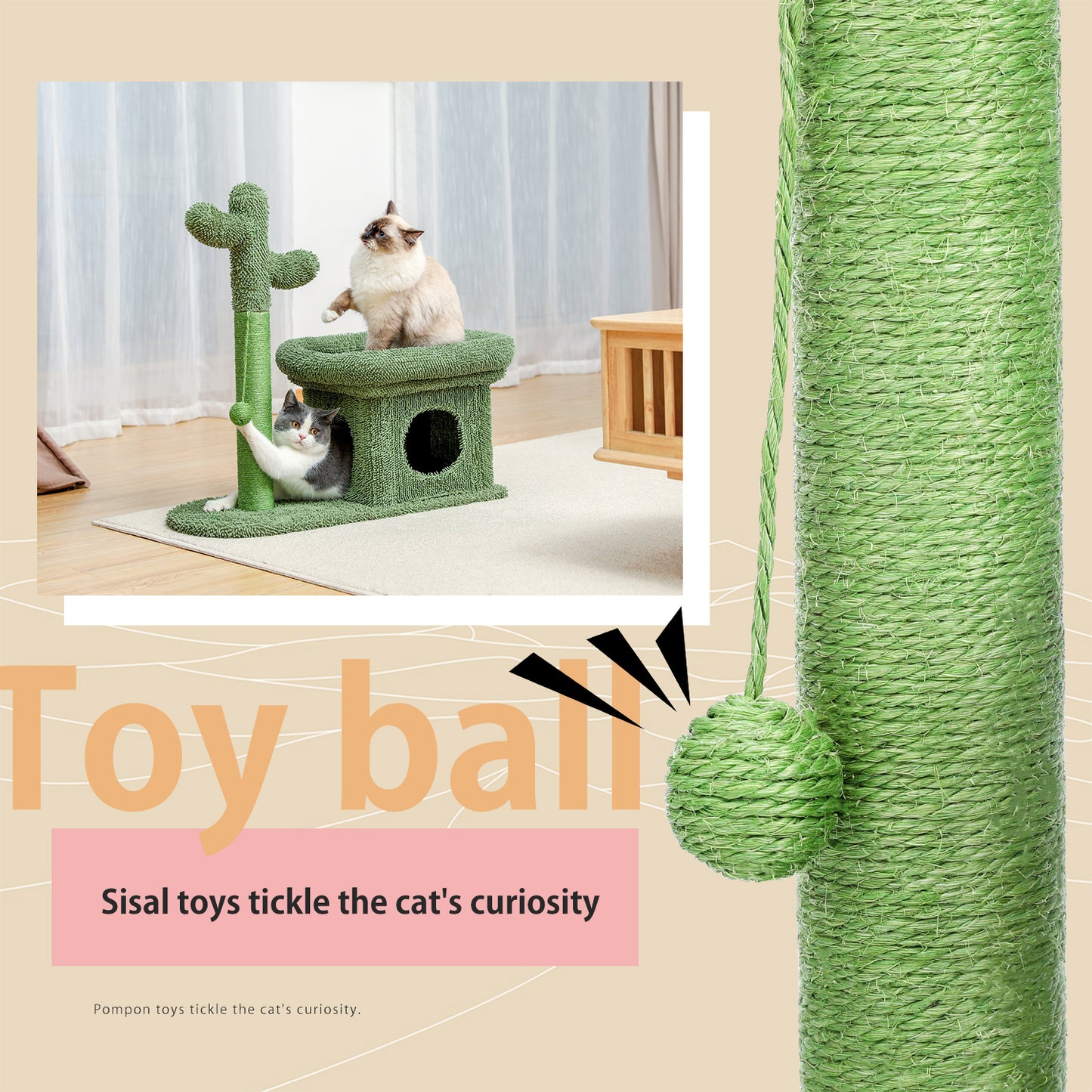 2 IN 1 Cactus Cat Tree Cat Tower With Sisal Covered Scratching Post Cozy Condo Plush Perch Dangling Ball for Indoor Cats